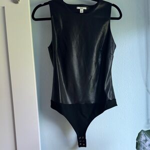 Bar III Black Faux Leather Round Neck Top